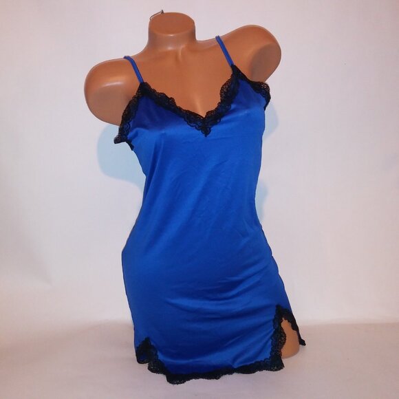 Lingerie Chemise Slip Blue Black Lace Trim Sleeveless Night Gown Sleepwear - Picture 3 of 8